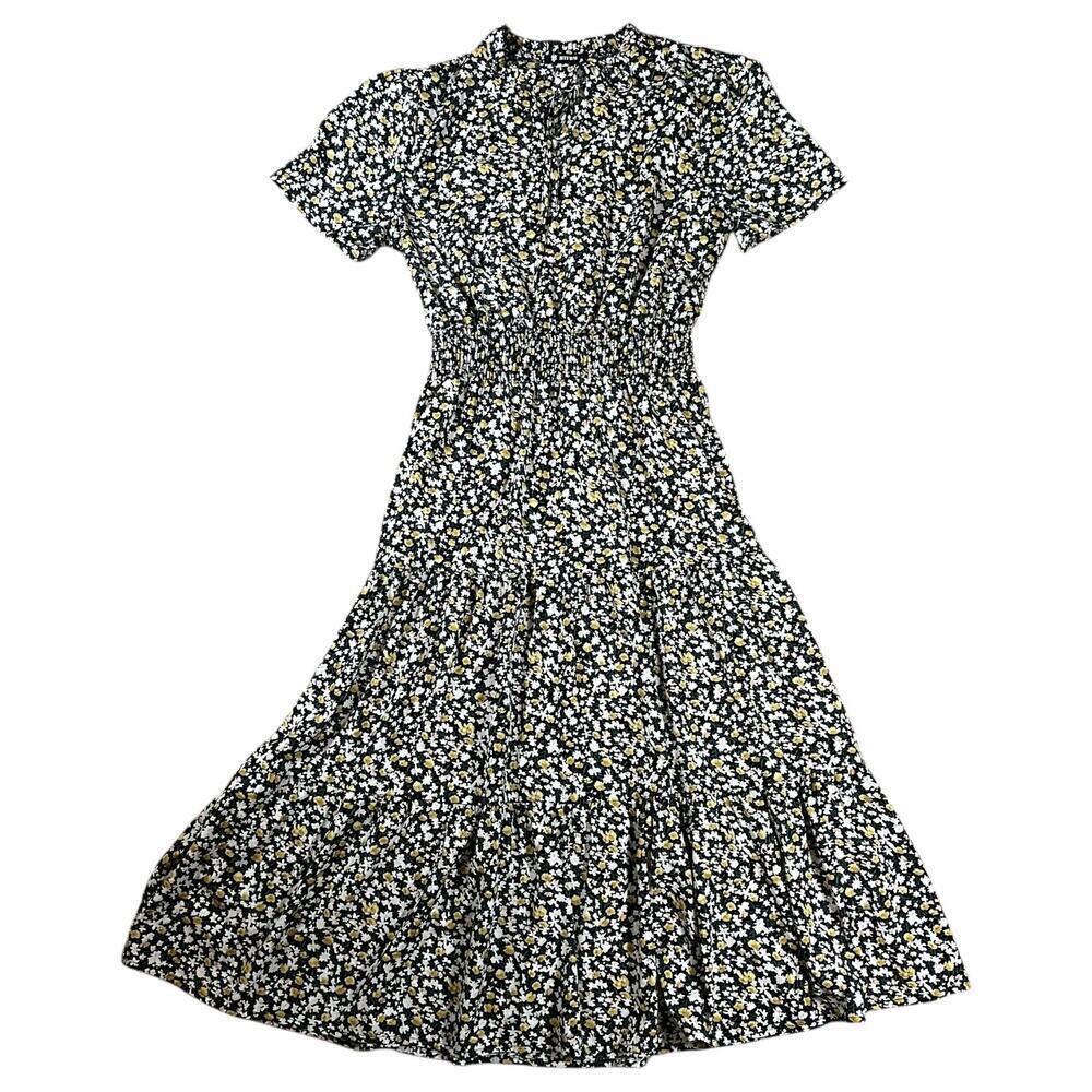 BTFBM Boho Dress Floral Print Tie V Neck Short Sleeve A-Line Midi Dress size M
